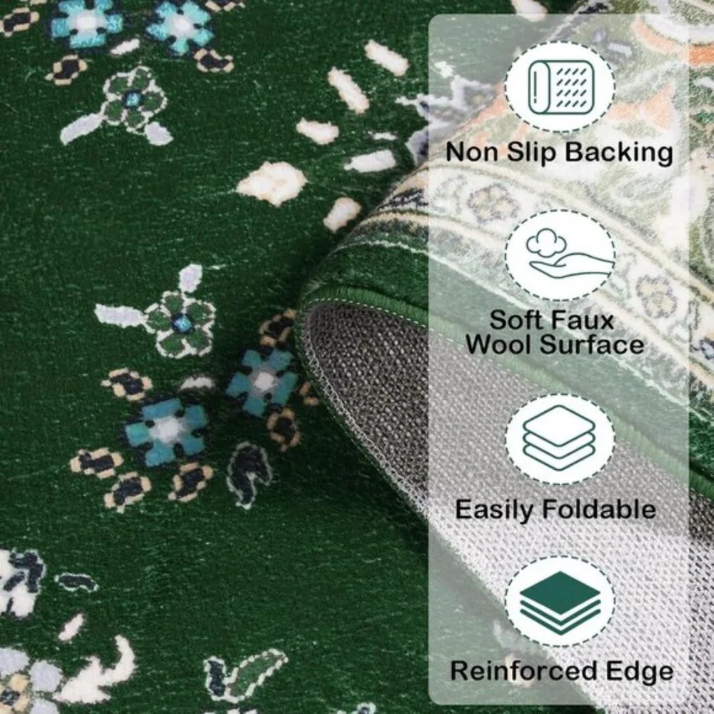New 4x6 Washable Area Rug, Non-Slip Green Floral Rug for Home or Office Decor